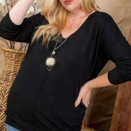 Plus Size V Neck 3/4 Sleeve Side Slit Hi-lo Sweater