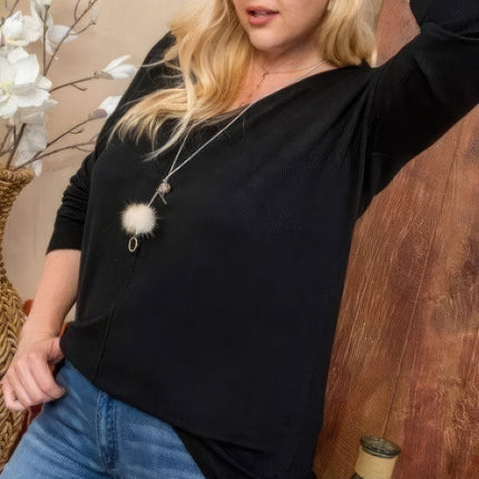 Plus Size V Neck 3/4 Sleeve Side Slit Hi-lo Sweater