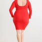 Plus Red Ribbed Long Sleeve Mock Neck Cut-out Back Midi Dress