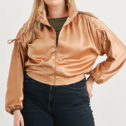 Plus Satin Zip-up Ruched Long Sleeve Cropped Bomber Jacket