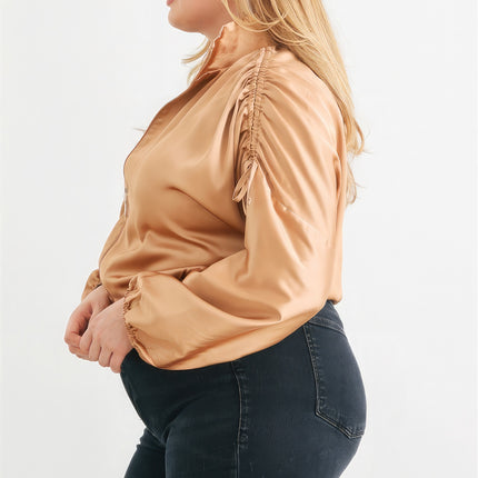 Plus Satin Zip-up Ruched Long Sleeve Cropped Bomber Jacket