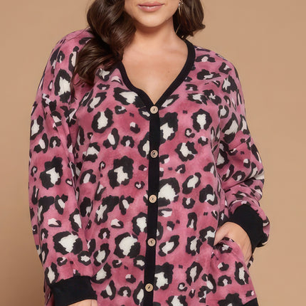 Plus Size Cozy Animal Mir Print With Brush Button Up Cardigan