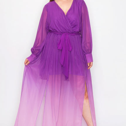 Ombre Chiffon Wrap Front Long Sleeve Tie Waist Slit Front Maxi Dress