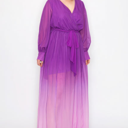 Ombre Chiffon Wrap Front Long Sleeve Tie Waist Slit Front Maxi Dress