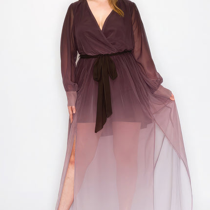 Ombre Chiffon Wrap Front Long Sleeve Tie Waist Slit Front Maxi Dress