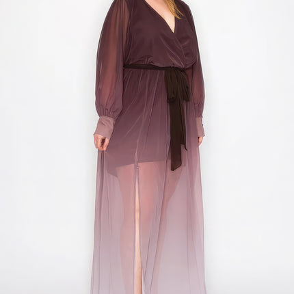 Ombre Chiffon Wrap Front Long Sleeve Tie Waist Slit Front Maxi Dress