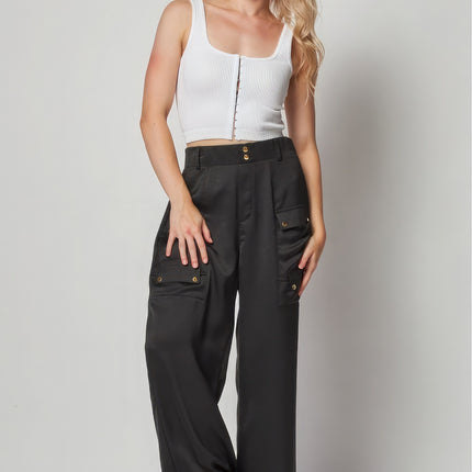 Satin Cargo Pocket Wide Leg Pants