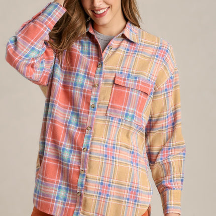 Mixed Plaid Boxy Cut Button Down Flannel With Front Pocket