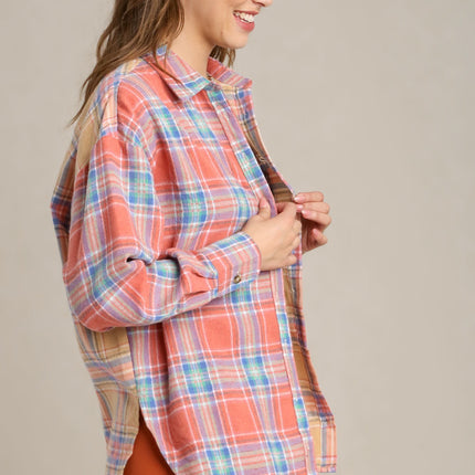 Mixed Plaid Boxy Cut Button Down Flannel With Front Pocket