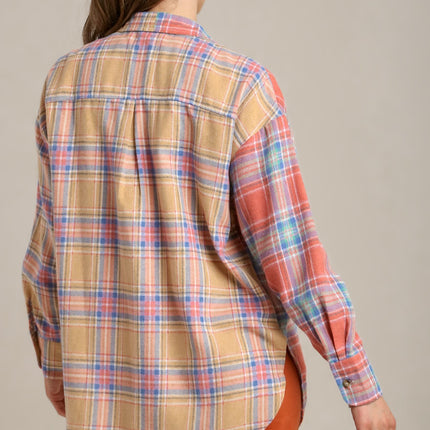 Mixed Plaid Boxy Cut Button Down Flannel With Front Pocket