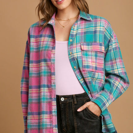 Mixed Plaid Boxy Cut Button Down Flannel With Front Pocket