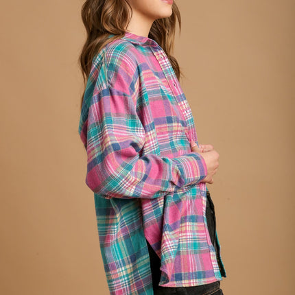 Mixed Plaid Boxy Cut Button Down Flannel With Front Pocket