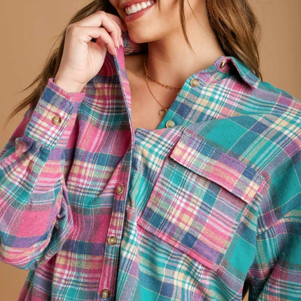 Mixed Plaid Boxy Cut Button Down Flannel With Front Pocket