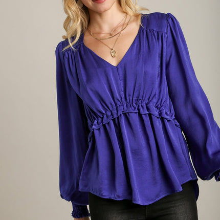 Satin V-neck Ruffle Baby Doll Top With Cuffed Long Sleeve