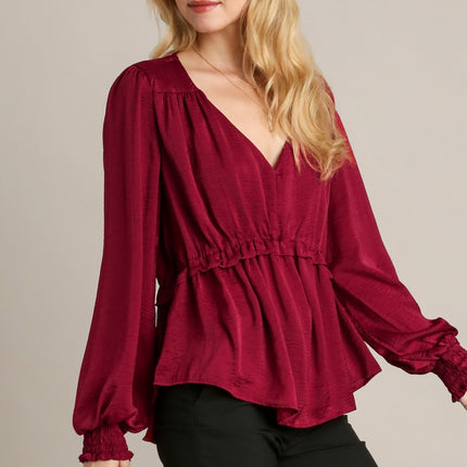 Satin V-neck Ruffle Baby Doll Top With Cuffed Long Sleeve