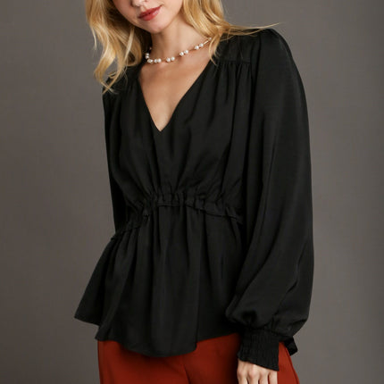 Satin V-neck Ruffle Baby Doll Top With Cuffed Long Sleeve