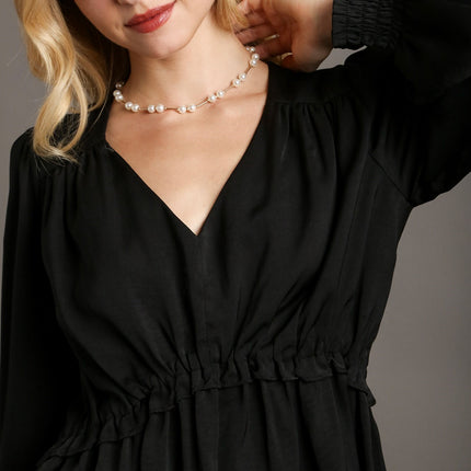 Satin V-neck Ruffle Baby Doll Top With Cuffed Long Sleeve