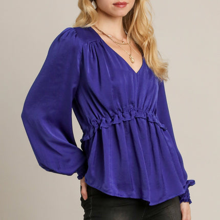 Satin V-neck Ruffle Baby Doll Top With Cuffed Long Sleeve