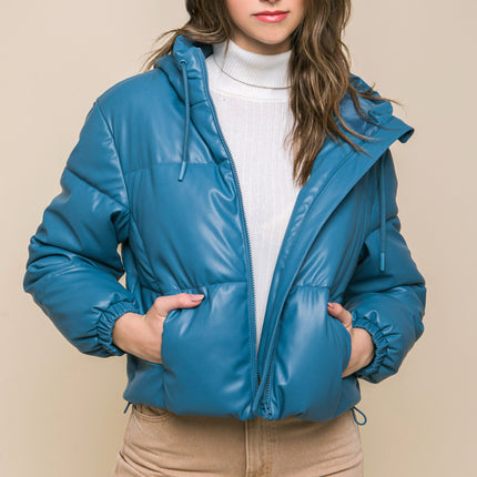 Pu Faux Leather Zipper Hooded Puffer Jacket