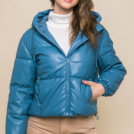 Pu Faux Leather Zipper Hooded Puffer Jacket