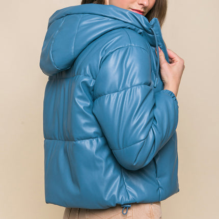 Pu Faux Leather Zipper Hooded Puffer Jacket