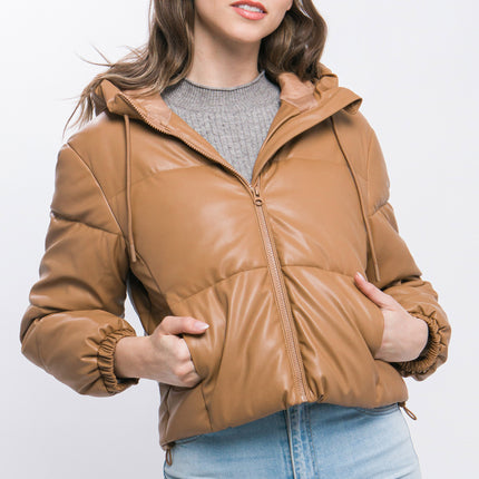 Pu Faux Leather Zipper Hooded Puffer Jacket