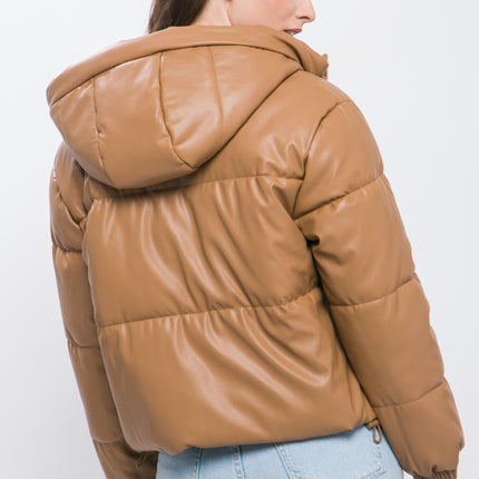 Pu Faux Leather Zipper Hooded Puffer Jacket