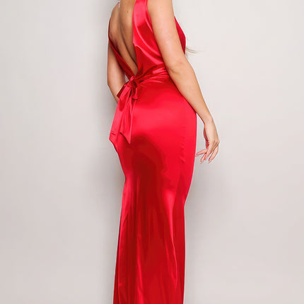 Sleeveless Deep V Low Back Bow Maxi Dress