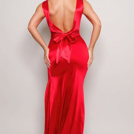 Sleeveless Deep V Low Back Bow Maxi Dress