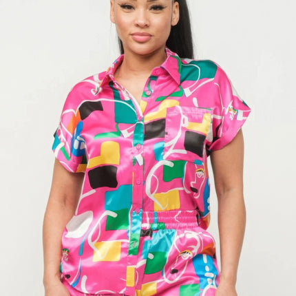 Satin Dolman Print Button Down Top And Shorts Set