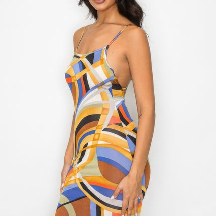 Crossed Back Marble Print Multicolor Midi Dress