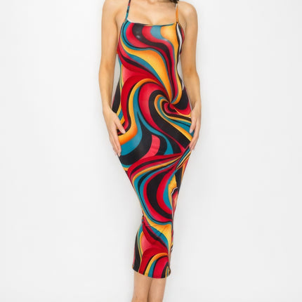 Crossed Back Marble Print Multicolor Midi Dress