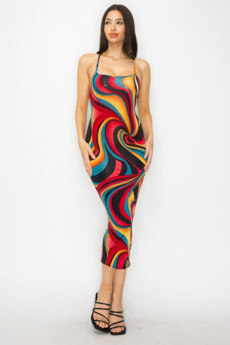 Crossed Back Marble Print Multicolor Midi Dress