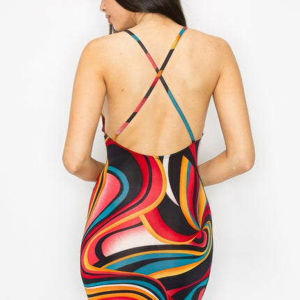 Crossed Back Marble Print Multicolor Midi Dress