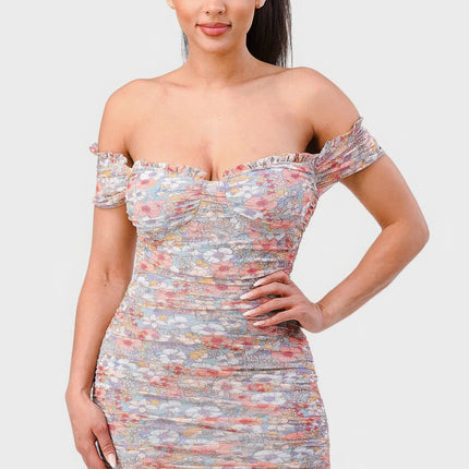 Floral Print Mesh Sweetheart Ruffled Off Shoulder Ruched Mini Dress