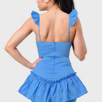 Sweetheart With Drawstring Bow Cutout Ruffled Flutter Sleeves Mini Dress