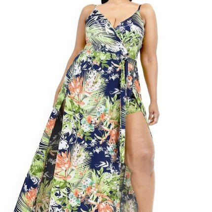 Plus Tropical Leaf Print Surplice Maxi Dress