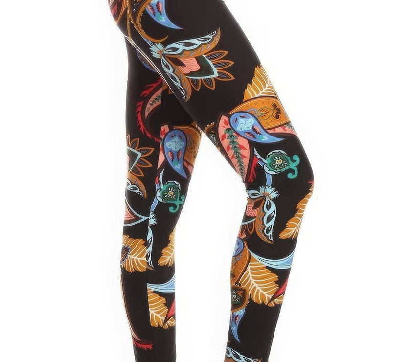 5-inch Long Yoga Style Banded Lined Paisley Floral Printed Knit Legging With High Waist