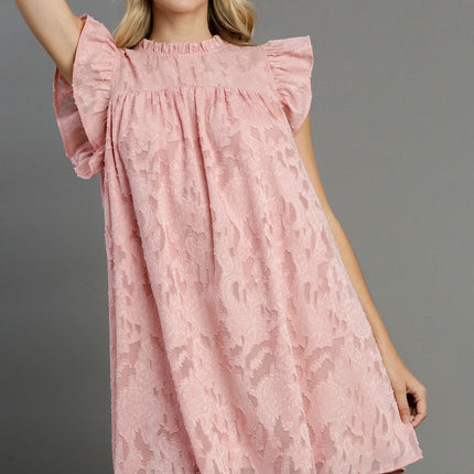 Jacquard Lace Ruffle Short Sleeve Dress With Back Button Keyhole