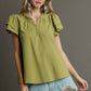 Boxy Cut Faux Button Ruffle Neckline Top With Short Layered Sleeves