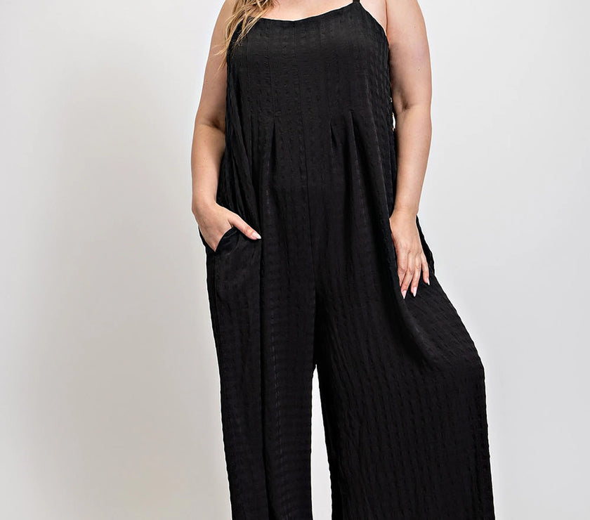 Texture Woven Sleeveless Jumpsuit With Side Button