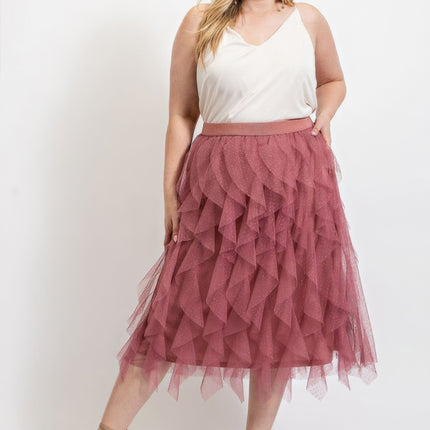 Ruffled Tulle Midi Skirt With Elastic Waist Band