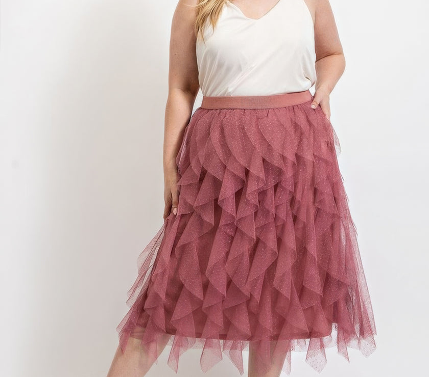 Ruffled Tulle Midi Skirt With Elastic Waist Band