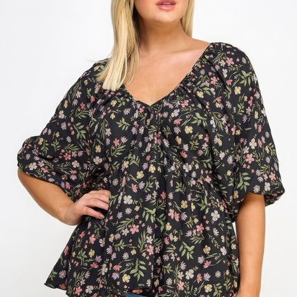 Floral V-neck Babydoll Balloon Slv Top