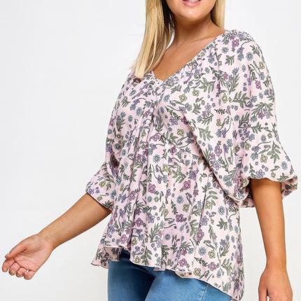 Floral V-neck Babydoll Balloon Slv Top