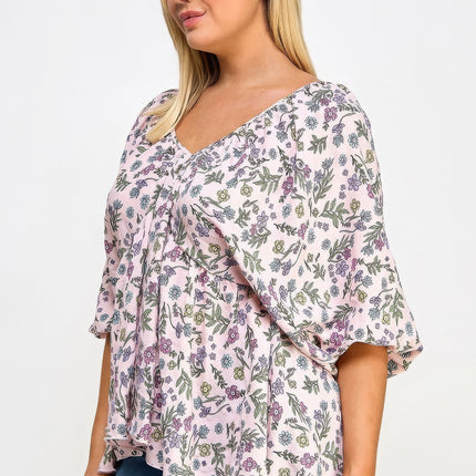 Floral V-neck Babydoll Balloon Slv Top