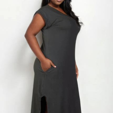 Plus Size Hidden Pocket Batwing Sleeve V Neck Long Dress