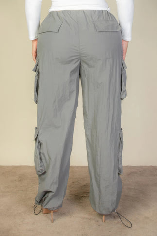 Plus Size Flap Pockets Drawstring Ruched Parachute Pants