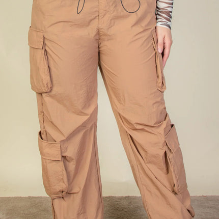 Plus Size Flap Pockets Drawstring Ruched Parachute Pants