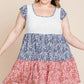 Plus Size Floral Color Block Contrast Tiered Babydoll Dress